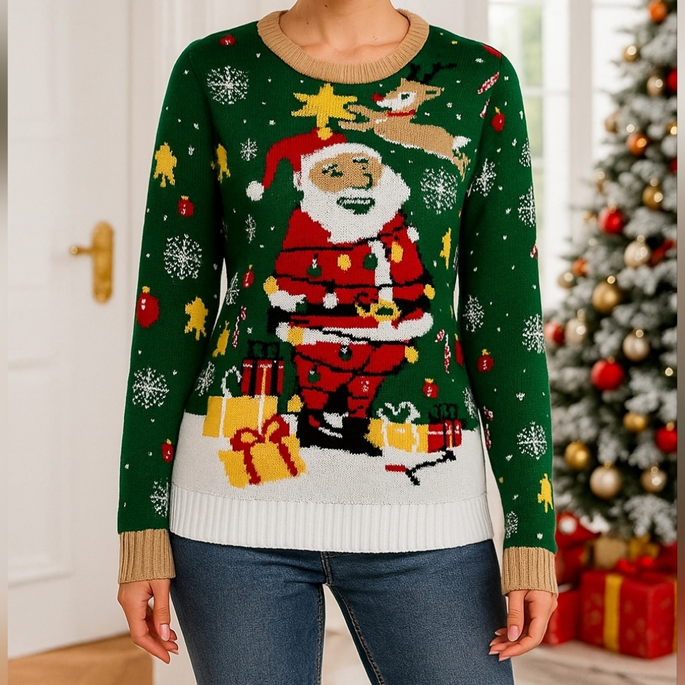 Santa Claus Reindeer Knit Holiday Pullover Christmas Sweater Long Sleeve Shirt